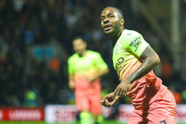 Raheem Sterling of Manchester City celebrates after scoring during the Carabao Cup match between Preston North End and Manchester City at Deepdale, Preston, England on 24 September 2019. Copyright: xJamesxxGillx PMI-3077-0029