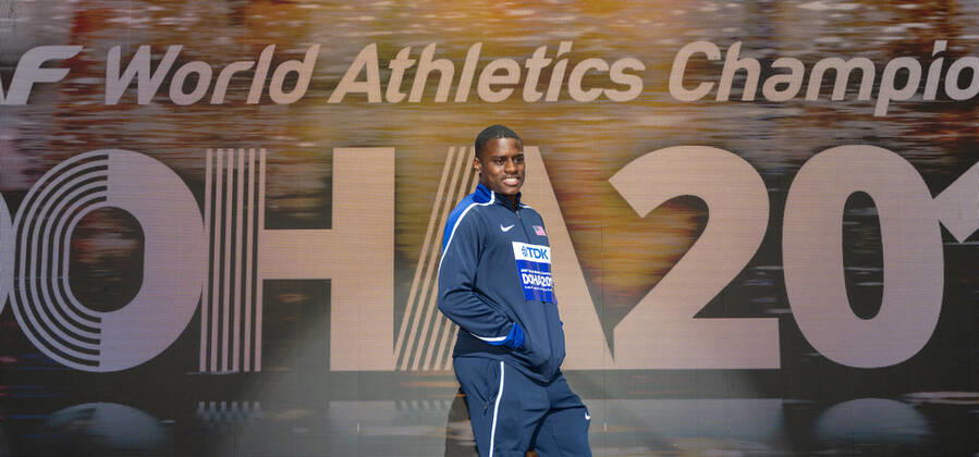 IAAF World Athletics Championships Doha 2019; Qatar, 29.09.2019 DOHA, QATAR - SEPTEMBER 29: Christian Coleman (USA) at the podest on day 3 of the IAAF World Athletics Championships Doha 2019 at the Khalifa International Stadium of Doha on 29.9.2019 in Arabian Peninsula Qatar. Copyright: xBEAUTIFULxSPORTS OliverxKremerx