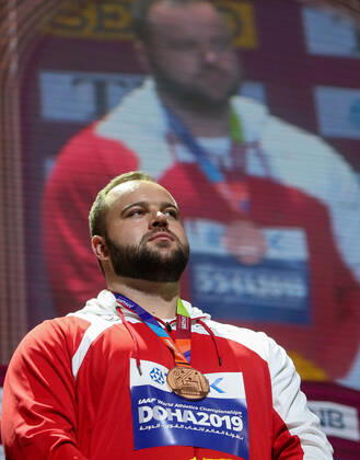 ATHLETICS - IAAF WC 2019 DOHA,QATAR,01.OCT.19 - ATHLETICS - IAAF World Championships 2019, steeplechase, men. Image shows Lukas Weisshaidinger (AUT). Keywords: medal, award ceremony. GEPAxpictures xMarioxKneisl