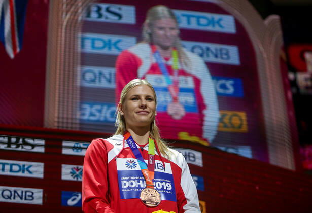 ATHLETICS - IAAF WC 2019 DOHA,QATAR,04.OCT.19 - ATHLETICS - IAAF World Championships 2019, victory ceremony, heptathlon, women. Image shows Verena Preiner (AUT). GEPAxpictures xMarioxKneisl