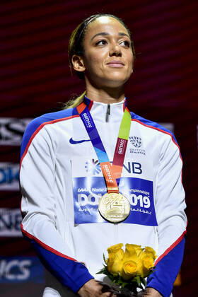 Britain s Katarina Johnson-Thompson , winner of the gold medal pictured during the medal ceremony of the women s heptathlon competition, on day eight of the IAAF World Athletics Championships in Doha, Qatar, Friday 04 October 2019. The Worlds are taking place from 27 September to 6 October. DIRKxWAEM  x05679185x