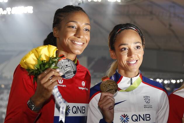 DOHA, QATAR - OCTOBER 04 : Nafissatou Thiam (Bel) - Katarina Johnson-Thompson (Gbr) pictured during the women heptathlon medal ceremony of the17th IAAF World Athletics championships from september 27 till october 6, 2019 in Doha, Khalifa stadium,Qatar, 04 10 2019. ATHLETISME : Championnats du monde IAAF - Doha - 04 10 2019 PHOTONEWS PANORAMIC 