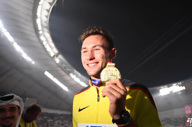 Doha, IAAF, Leichtathletik, athletics, Track and Field, World athletics Championships 2019 Doha, Leichtathletik WM 2019 Doha, 27.09-06.10.2019, Khalifa International Stadium Doha, Siegerehrung Zehnkampf Männer, Niklas Kaul Deutschland , Goldmedaille,