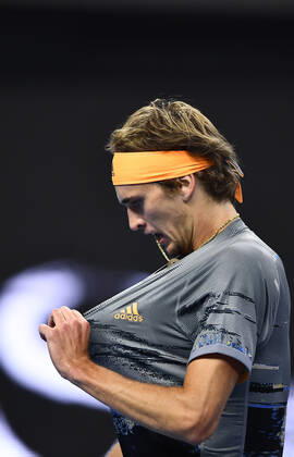 (191006) -- BEIJING, Oct. 6, 2019 -- Alexander Zverev of Germany reacts during the men s singles semifinal between Stefanos Tsitsipas of Greece and Alexander Zverev of Germany at 2019 China Open tennis tournament in Beijing, capital of China, Oct.5,2019. ) (SP)CHINA-BEIJING-TENNIS-CHINA OPEN-SEMIFINAL-MEN S SINGLES(CN) ZhangxHongxiang