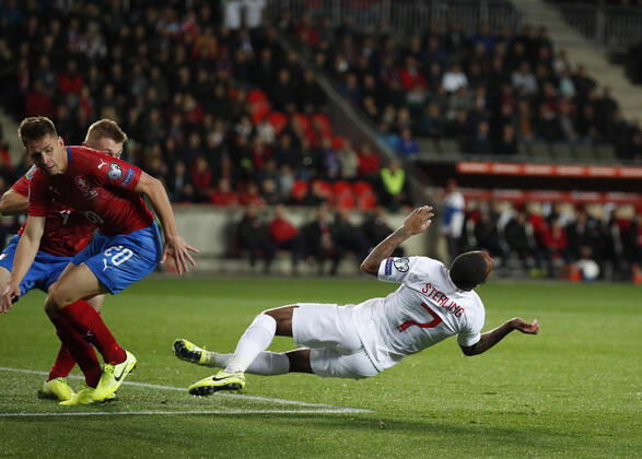 Raheem Sterling of England brought down by Lukas Masopust of Czech Republic in the box to earn a penalty during the UEFA EURO, EM, Europameisterschaft,Fussball 2020 Qualifying match at the Sinobo Stadium, Prague. Picture date: 11th October 2019. Picture credit should read: David Klein Sportimage EDITORIAL USE ONLY. No use with unauthorised audio, video, data, fixture lists, club league logos or live services. Online in-match use limited to 120 images, no video emulation. No use in betting, games or single club league player publications. SPI-0252-0054