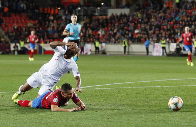 Raheem Sterling of England brought down, no penalty during the UEFA EURO, EM, Europameisterschaft,Fussball 2020 Qualifying match at the Sinobo Stadium, Prague. Picture date: 11th October 2019. Picture credit should read: David Klein Sportimage EDITORIAL USE ONLY. No use with unauthorised audio, video, data, fixture lists, club league logos or live services. Online in-match use limited to 120 images, no video emulation. No use in betting, games or single club league player publications. SPI-0252-0094
