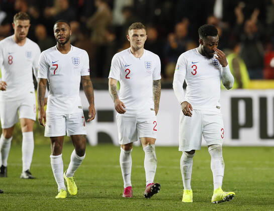 Raheem Sterling, Kieran Trippier and Danny Rose of England walk off dejected during the UEFA EURO, EM, Europameisterschaft,Fussball 2020 Qualifying match at the Sinobo Stadium, Prague. Picture date: 11th October 2019. Picture credit should read: David Klein Sportimage EDITORIAL USE ONLY. No use with unauthorised audio, video, data, fixture lists, club league logos or live services. Online in-match use limited to 120 images, no video emulation. No use in betting, games or single club league player publications. SPI-0252-0116