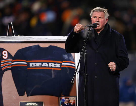 December 9, 2013, Chicago, IL, USA: Mike Ditka speaks during a halftime ceremony to retire his number at a game between the Chicago Bears and the Dallas Cowboys at Soldier Field in Chicago on December 9, 2013. Mike Ditka turns 80. Here™s a look at his remarkable life, by the numbers. - ZUMAm67_ 20131209_zaf_m67_093 Copyright: xChrisxSwedax