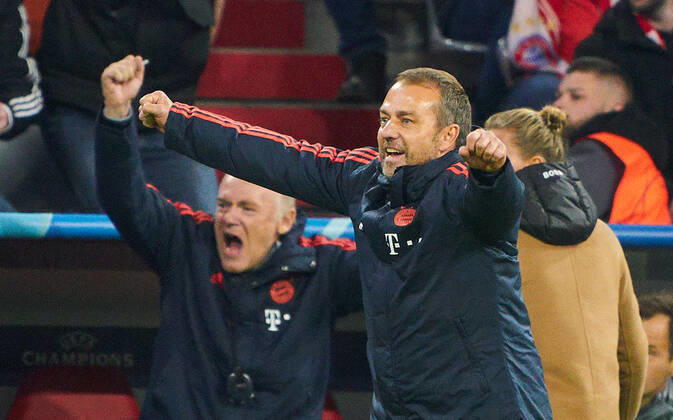 Champions League, Munich-Piraeus, Munich November 6, 2019. Hansi FLICK, FCB Trainer , celebrates 2-0 goal, happy, laugh, celebration, Ivan PERISIC, FCB 14 FC BAYERN MUNICH - OLYMPIACOS PIRAEUS UEFA Football Champions League , Munich, November 06, 2019, Season 2019 2020, group stage ,group B, FCB, Reds, Bavaria, München