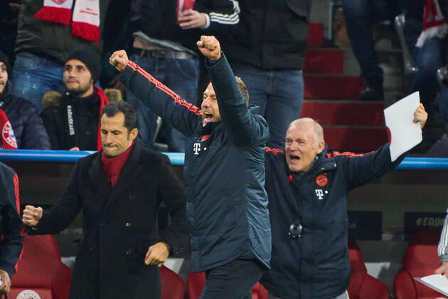 Champions League, Munich-Piraeus, Munich November 6, 2019. Hansi FLICK, FCB Trainer , celebrates 2-0 goal, happy, laugh, celebration, Ivan PERISIC, FCB 14 FC BAYERN MUNICH - OLYMPIACOS PIRAEUS UEFA Football Champions League , Munich, November 06, 2019, Season 2019 2020, group stage ,group B, FCB, Reds, Bavaria, München