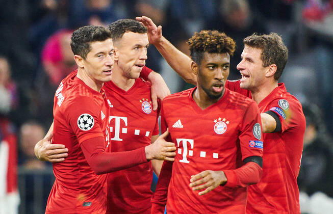 Champions League, Munich-Piraeus, Munich November 6, 2019. Ivan PERISIC, FCB 14 celebrates his 2-0 goal, happy, laugh, celebration, Robert LEWANDOWSKI, FCB 9 Thomas MUELLER, MÜLLER, FCB 25 FC BAYERN MUNICH - OLYMPIACOS PIRAEUS UEFA Football Champions League , Munich, November 06, 2019, Season 2019 2020, group stage ,group B, FCB, Reds, Bavaria, München