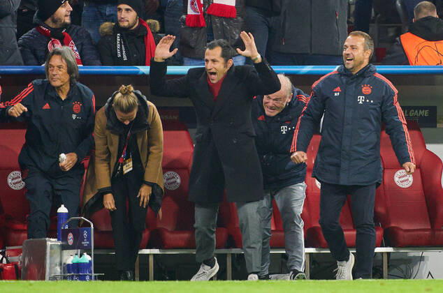 Champions League, Munich-Piraeus, Munich November 6, 2019. Celebration 1-0 goal Robert LEWANDOWSKI, FCB 9 : Hansi FLICK, FCB interims coach, team manager, Hermann GERLAND, (der Tiger) FCB assistant coach, Leiter des FCB Campus , Hasan ( Brazzo ) Salihamidzic, FCB director Kathleen KRUEGER, Teammanager FCB Dr. Hans-Wilhelm Müller-Wohlfahrt, FCB Mannschaftsarzt, FC BAYERN MUNICH - OLYMPIACOS PIRAEUS 2-0 UEFA Football Champions League , Munich, November 06, 2019, Season 2019 2020, group stage ,group B, FCB, Reds, Bavaria, München