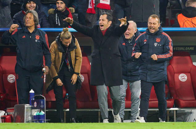 Champions League, Munich-Piraeus, Munich November 6, 2019. Celebration 1-0 goal Robert LEWANDOWSKI, FCB 9 : Hansi FLICK, FCB interims coach, team manager, Hermann GERLAND, (der Tiger) FCB assistant coach, Leiter des FCB Campus , Hasan ( Brazzo ) Salihamidzic, FCB director Kathleen KRUEGER, Teammanager FCB Dr. Hans-Wilhelm Müller-Wohlfahrt, FCB Mannschaftsarzt, FC BAYERN MUNICH - OLYMPIACOS PIRAEUS 2-0 UEFA Football Champions League , Munich, November 06, 2019, Season 2019 2020, group stage ,group B, FCB, Reds, Bavaria, München