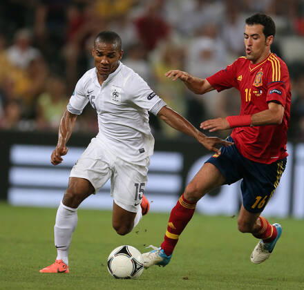 Florent Malouda & Sergio Busquets Spain V France Euro 2012 Euro 2012 Spain V France Donbass Arena, Donetsk, Ukraine 23 June 2012  Copyright: MaryxEvansxAllstarxRichardxSellers 12537089 editorial use only