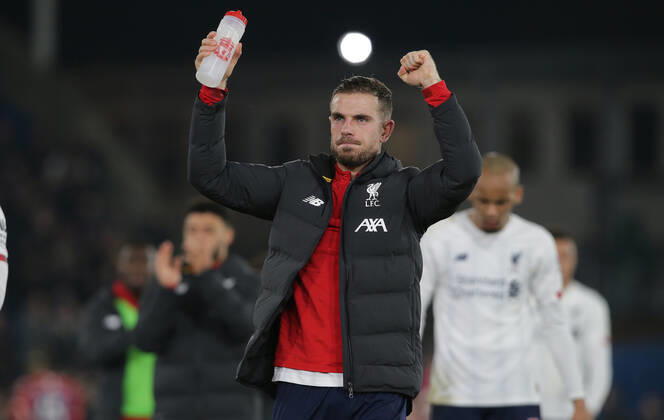 LiverpoolÕs Jordan Henderson celebrates after the Premier League match at Selhurst Park, London. Picture date: 23rd November 2019. Picture credit should read: Paul Terry Sportimage EDITORIAL USE ONLY. No use with unauthorised audio, video, data, fixture lists, club league logos or live services. Online in-match use limited to 120 images, no video emulation. No use in betting, games or single club league player publications. SPI-0320-0040