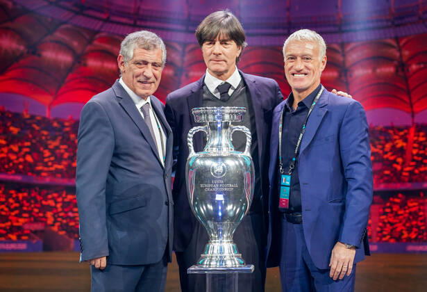 Bilder des Jahres 2019, Sport 11 November Nationaltrainer Gruppe F: Nationaltrainer Fernando Santos (Portugal), Nationaltrainer Didier Deschamps (Frankreich, France), Bundestrainer Joachim Loew (Deutschland Germany) - 30.11.2019: UEFA EURO2020 Auslosung, Romexpo Bukarest, DISCLAIMER: UEFA regulations prohibit any use of photographs as image sequences and or quasi-video.