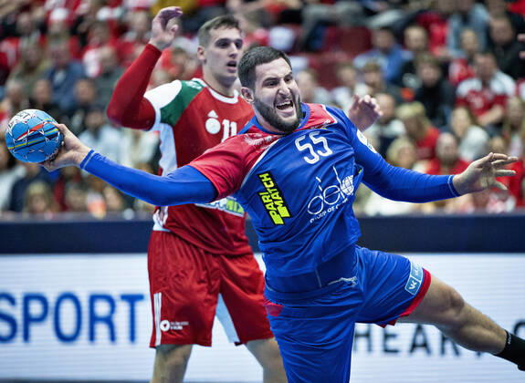 Ruslands Alexander Ermakov under kampen mellem Ungarn-Rusland i Malmø Arena lørdag den 11. januar 2020. Kopi af 20200111-165421-6 spnet, København Danmark