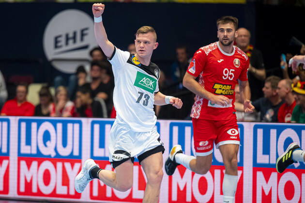 Handball, Maenner: EM 2020, Hauptrunde, Gruppe 1, Weißrussland - Deutschland Timo Kastening (Deutschland TSV Hannover) Jubel Freude Emotion Wien Stadthalle Wien Oesterreich