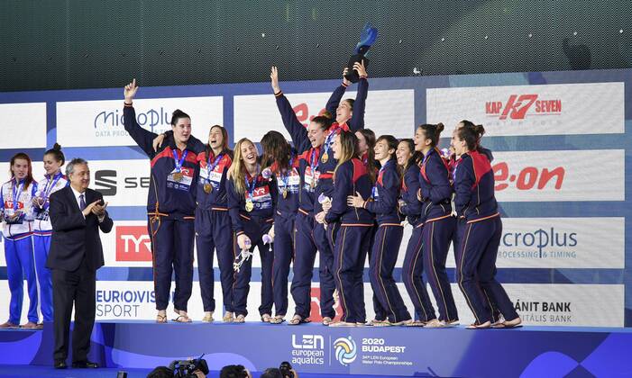 Team ESP Spain Gold Medal Podium Ceremonies Budapest 25 01 2020 Duna Arena XXXIV LEN European Water polo, Wasserball Championships 2020 Photo Â©Pasquale Mesiano Deepbluemedia Insidefoto PasqualexMesiano