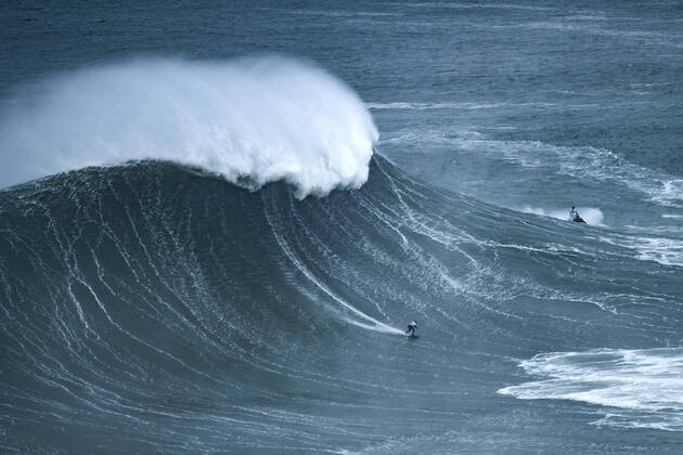 February 11, 2020, Nazaro Portugal: Surfer Sebastian Steudtner (GER) is seen riding a wave during the Nazare Tow Surfing Challenge held at Praia do Norte beach, in Nazare..Nazare Tow Surfing Challenge is a World Surf League big wave competition that took place on the Praia do Norte beach. It took advantage of the huge swell that hit the Portuguese coast on February 11. Nazaré Tow Surfing Challenge in Nazaré, Portugal - 11 Feb 2020 - ZUMAs197 20200211_zaa_s197_076 Copyright: xHugoxAmaralx