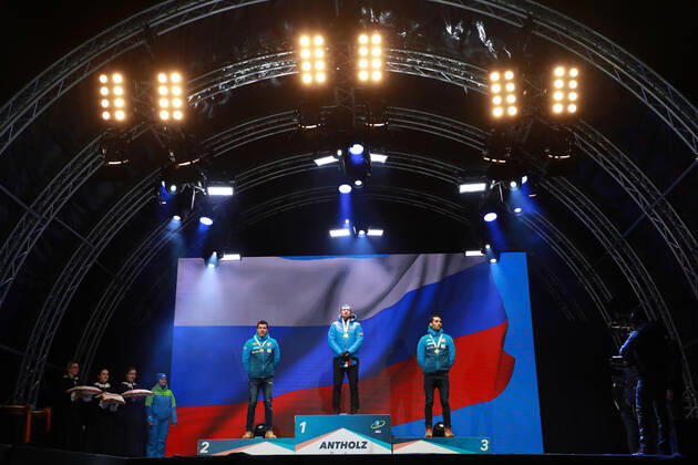 BIATHLON - IBU World Championships Antholz 2020 ANTHOLZ,ITALY,15.FEB.20 - BIATHLON - IBU World Championships 2020, 10km sprint men. Image shows Quentin Fillon Maillet (FRA), Alexander Loginov (RUS) and Martin Fourcade (FRA). Keywords: medal. GEPAxpictures xAndreasxPranter