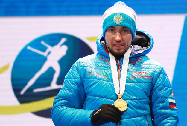 BIATHLON - IBU World Championships Antholz 2020 ANTHOLZ,ITALY,15.FEB.20 - BIATHLON - IBU World Championships 2020, 10km sprint men. Image shows Alexander Loginov (RUS). Keywords: medal. GEPAxpictures xAndreasxPranter