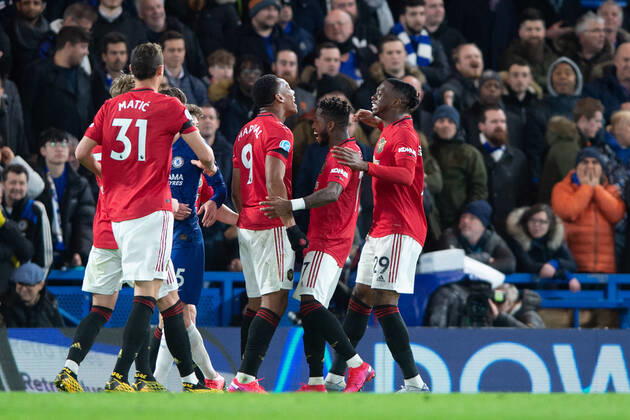 Anthony Martial of Manchester United, ManU celebrates scoring the opening goal during the Premier League match between Chelsea and Manchester United at Stamford Bridge, London, England on 17 February 2020. ( UKSP Espa-Images) Chelsea v Manchester United Premier League 17 02 2020. - ZUMAcs12 20200217_zaf_cs12_055 Copyright: xESPAxPhotoxAgencyx