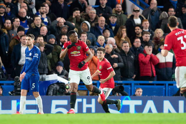 Anthony Martial of Manchester United, ManU celebrates scoring the opening goal during the Premier League match between Chelsea and Manchester United at Stamford Bridge, London, England on 17 February 2020. ( UKSP Espa-Images) Chelsea v Manchester United Premier League 17 02 2020. - ZUMAcs12 20200217_zaf_cs12_065 Copyright: xESPAxPhotoxAgencyx