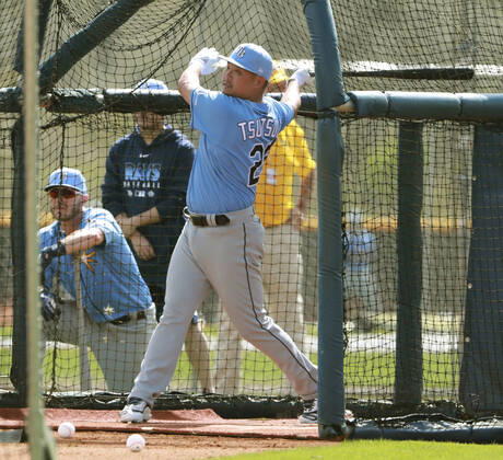 MLB, Baseball Herren, USA spring training Newly acquired Tampa Bay Rays slugger Yoshitomo Tsutsugo takes batting practice during spring training in Port Charlotte, Florida, on Feb. 19, 2020.