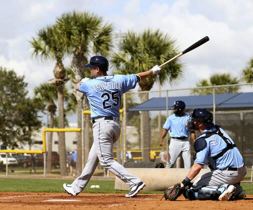 MLB, Baseball Herren, USA spring training Newly acquired Tampa Bay Rays slugger Yoshitomo Tsutsugo takes batting practice during spring training in Port Charlotte, Florida, on Feb. 19, 2020.