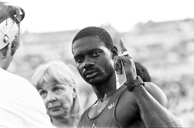 870830 Athletics, World Athletics Championships: Winner Ben Johnson, Canada, react after the 100 m final at The World Athletics Championships on August 30, 1987 in Rome, Italy. BILDBYRAN Copyright: BILDBYRAN 870830005