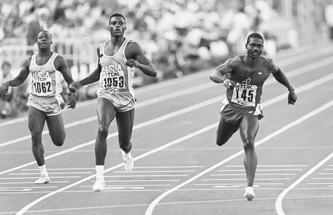 870830 Athletics, World Athletics Championships: Lee McRae, USA, Carl Lewis, USA and Ben Johnson, Canada, during the 100 m final at The World Athletics Championships on August 30, 1987 in Rome, Italy. BILDBYRAN Copyright: BILDBYRAN 870830036