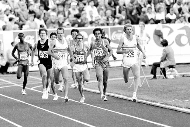 830814 Athletics, World Athletics Championships: Steve Cram of Great Britain winning 1500 m at The World Athletics Championships on August 14, 1983 in Helsinki, Finland. BILDBYRAN Copyright: BILDBYRAN 830814083