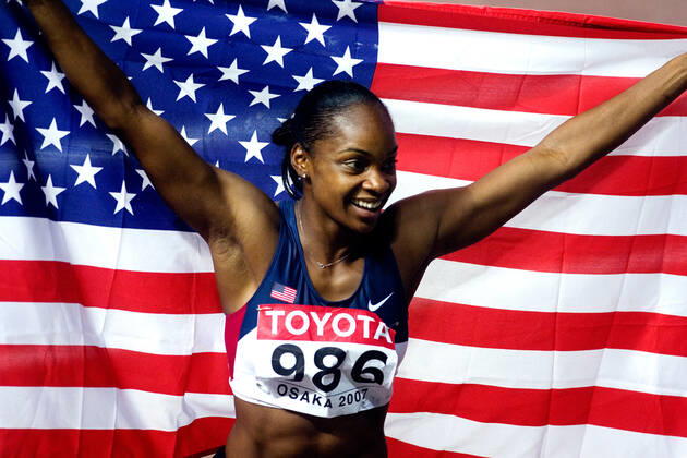 070829 Athletics, World Athletics Championships: Gold medalist Michelle Perry of USA celebrate after womens 100 m hurdles at The World Athletics Championships on August 29, 2007 in Osaka, Japan. BILDBYRAN Copyright: EMILxMALMBORG BB070829EM086