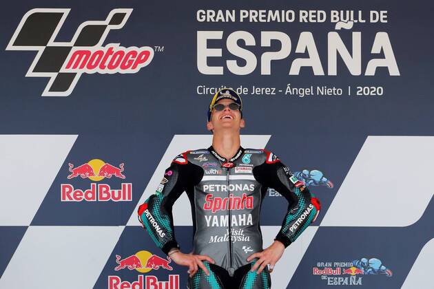 Bilder des Jahres 2020, Sport 07 Juli Sport Themen der Woche KW29 French MotoGP rider Fabio Quartararo (C), of Petronas Yamaha SRT team, celebrates on podium after he won Spain GP race at Circuito de Jerez-Angel Nieto circuit in Jerez de la Frontera, southern Spain, 19 July 2020. The race was held behind closed doors due to COVID-19 disease. Spain GP race !ACHTUNG: NUR REDAKTIONELLE NUTZUNG!  Copyright: xRomanxRiosx GRAFAND551 20200719-637307696174383343