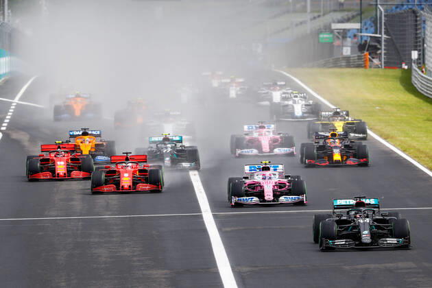 Bilder des Jahres 2020, Sport 07 Juli Sport Themen der Woche KW29 Sport Bilder des Tages Motorsports: FIA Formula One World Championship, WM, Weltmeisterschaft 2020, Grand Prix of Hungary, Start, 44 Lewis Hamilton (GBR, Mercedes-AMG Petronas Formula One Team), 18 Lance Stroll (CAN, BWT Racing Point F1 Team), 5 Sebastian Vettel (GER, Scuderia Ferrari Mission Winnow), 16 Charles Leclerc (MCO, Scuderia Ferrari Mission Winnow), 77 Valtteri Bottas (FIN, Mercedes-AMG Petronas Formula One Team), 33 Max Verstappen (NLD, Aston Martin Red Bull Racing), Budapest Hungary