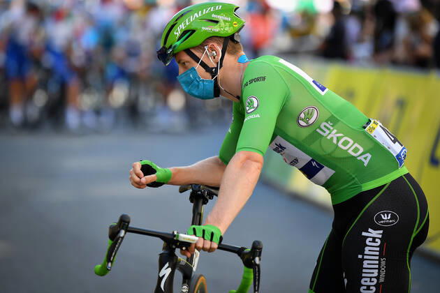 Sam Bennett of Deceuninck - Quick - Step wearing the green jersey at the start of stage 14 of the 107th edition of the Tour de France cycling race from Clermont Ferrand to Lyon (194km), in France, Saturday 12 September 2020. This year s Tour de France was postponed due to the worldwide Covid-19 pandemic. The 2020 race starts in Nice on Saturday 29 August and ends on 20 September. DAVIDxSTOCKMAN  x2542053x
