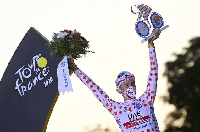 PARIS, FRANCE - SEPTEMBER 20 : POGACAR Tadej (SLO) of UAE TEAM EMIRATES pictured with the polka dot jersey during the podium ceremony during stage 21 of the 107th edition of the 2020 Tour de France cycling race, a stage of 122 kms with start in Mantes-la-Jolie and finish at the Avenue des Champs Elysees in Paris on September 20, 2020 in Paris, France, 20 09 2020 CYCLISME : Tour de France - Etape 21 - Mantes la Jolie a Paris Champs Elysees - 20 09 2020 PhotoNews Panoramic 