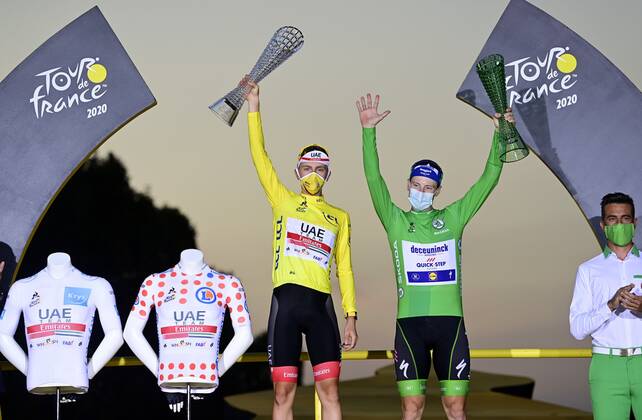 PARIS, FRANCE - SEPTEMBER 20 : POGACAR Tadej (SLO) of UAE TEAM EMIRATES & BENNETT Sam of Deceuninck - Quick Step pictured during the podium ceremony during stage 21 of the 107th edition of the 2020 Tour de France cycling race, a stage of 122 kms with start in Mantes-la-Jolie and finish at the Avenue des Champs Elysees in Paris on September 20, 2020 in Paris, France, 20 09 2020 CYCLISME : Tour de France - Etape 21 - Mantes la Jolie a Paris Champs Elysees - 20 09 2020 PhotoNews Panoramic 