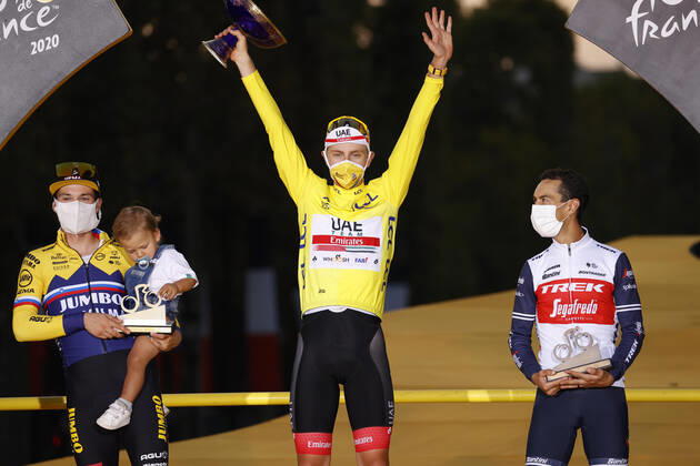 20-09-2020 Tour De France; Tappa 21 Mantes La Jolie - Paris; 2020, Uae - Emirates; 2020, Jumbo - Visma; 2020, Trek - Segafredo; Pogacar, Tadej; Roglic, Primoz; Porte, Richie; Figlio, Roglic Primoz; Paris; 