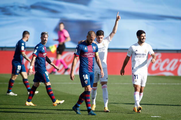 October 31, 2020, Valdebebas, MADRID, SPAIN: Federico Valverde of Real Madrid celebrates a goal during the spanish league, La Liga Santander, football match played between Real Madrid and SD Huesca at Alfredo Di Stefano stadium on October 31, 2020, in Valdebebas, Madrid, Spain. Valdebebas SPAIN - ZUMAa181 20201031_zaa_a181_121 Copyright: xOscarxJ.xBarrosox