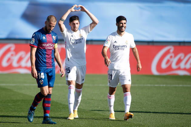 October 31, 2020, Valdebebas, MADRID, SPAIN: Federico Valverde of Real Madrid celebrates a goal during the spanish league, La Liga Santander, football match played between Real Madrid and SD Huesca at Alfredo Di Stefano stadium on October 31, 2020, in Valdebebas, Madrid, Spain. Valdebebas SPAIN - ZUMAa181 20201031_zaa_a181_122 Copyright: xOscarxJ.xBarrosox