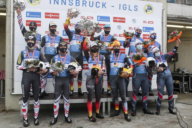 LUGE - FIL WC Innsbruck Igls 2020 INNSBRUCK,AUSTRIA,29.NOV.20 - LUGE - FIL World Cup Igls, artificial track, relay. Image shows the team of Austria, the team of Germany and the team of Russia.. GEPAxpictures xPatrickxSteiner