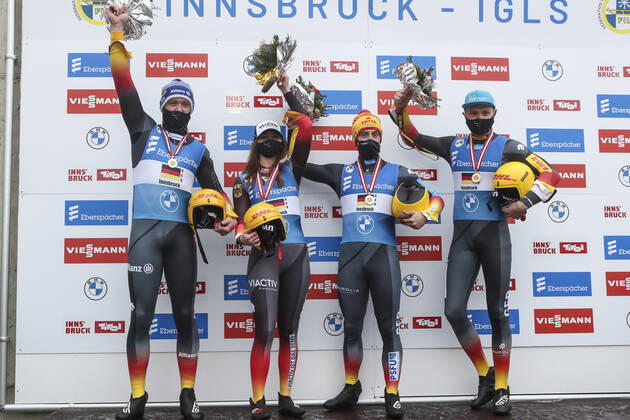 LUGE - FIL WC Innsbruck Igls 2020 INNSBRUCK,AUSTRIA,29.NOV.20 - LUGE - FIL World Cup Igls, artificial track, relay. Image shows the rejoicing of the german team. Keywords: trophy. GEPAxpictures xPatrickxSteiner