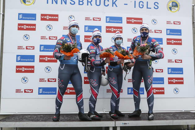 LUGE - FIL WC Innsbruck Igls 2020 INNSBRUCK,AUSTRIA,29.NOV.20 - LUGE - FIL World Cup Igls, artificial track, relay. Image shows the rejoicing of the russian team. Keywords: trophy. GEPAxpictures xPatrickxSteiner