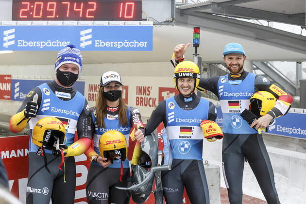 LUGE - FIL WC Innsbruck Igls 2020 INNSBRUCK,AUSTRIA,29.NOV.20 - LUGE - FIL World Cup Igls, artificial track, relay. Image shows the rejoicing of the german team. GEPAxpictures xPatrickxSteiner