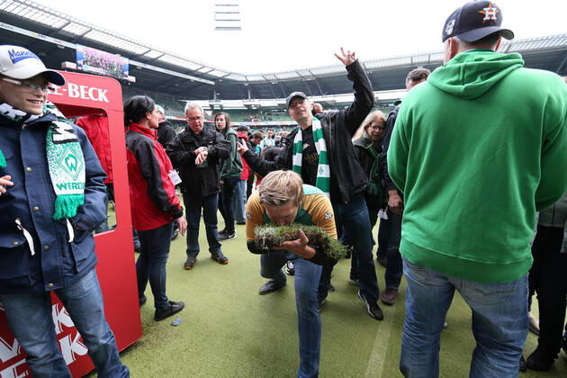 Bremen, Deutschland 14. Mai 2016: 1. BL - 15 16 - SV Werder Bremen vs. Eintracht Frankfurt Nach dem vermiedenen Abstieg stuermen die Fans den Rasen und feiern. Ein Fan hat ein Teil des Rasens des Weserstadions als Trophaee ergattert. Feature Symbol Symbolfoto charakteristisch Detail quer, querformat 1. BL - 15 16 - SV Werder Bremen vs. Eintracht Frankfurt