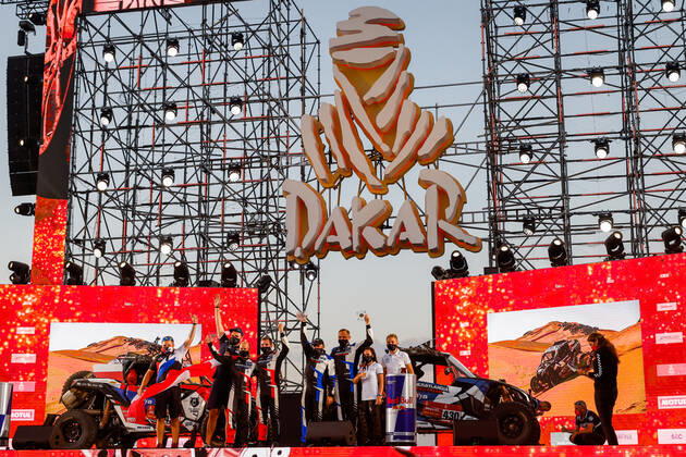 430 Goczal Marek (pol), Marton Rafal (pol), Can-Am, Enrgylandia Rally Team, SSV Series - T4, portrait during the finishing podium ceremony at the King Abdullah International Stadium in Jeddah, in Saudi Arabia on January 15, 2021 AUTOMOBILE : DAKAR 2021 - Arabie saoudite - Podiums - 15 01 2021 DPPI Panoramic 