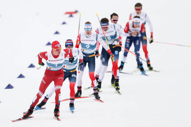 NORDIC SKIING - FIS Nordic World Ski Championships Oberstdorf 2021 OBERSTDORF,GERMANY,27.FEB.21 - NORDIC SKIING, CROSS COUNTRY SKIING - FIS Nordic World Ski Championships, 30km Skiathlon, men. Image shows Alexander Bolshunov (RSF), Sjur Roethe, Simen Hegstad Krueger and Emil Iversen (NOR). GEPAxpictures xChristianxWalgram