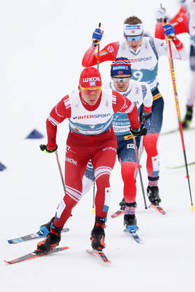 NORDIC SKIING - FIS Nordic World Ski Championships Oberstdorf 2021 OBERSTDORF,GERMANY,27.FEB.21 - NORDIC SKIING, CROSS COUNTRY SKIING - FIS Nordic World Ski Championships, 30km Skiathlon, men. Image shows Alexander Bolshunov (RSF), Sjur Roethe and Simen Hegstad Krueger (NOR). GEPAxpictures xChristianxWalgram